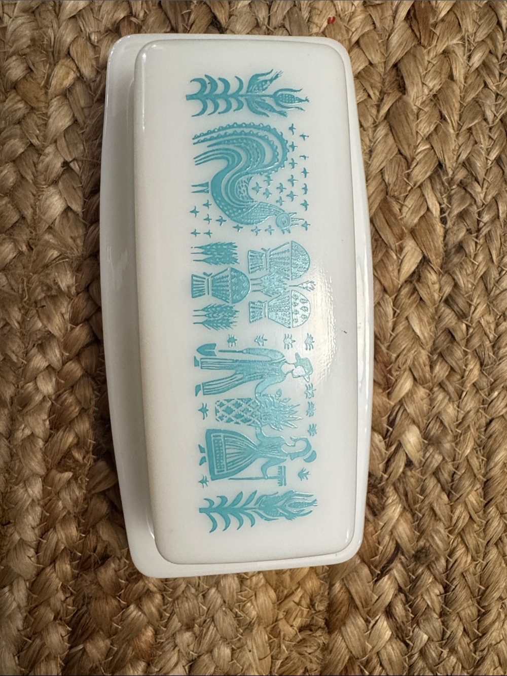 Pyrex White Glass Butter Dish with Teal Folk Pattern - Picture 6 of 7